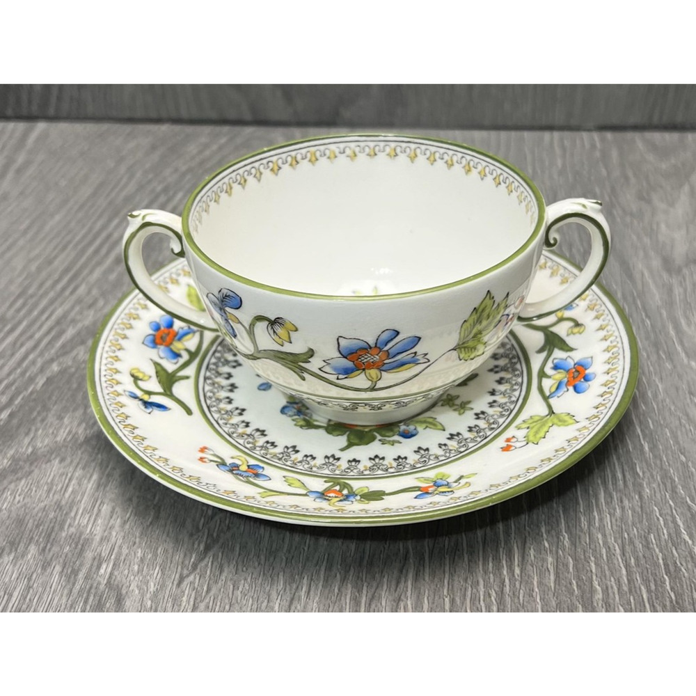 Vintage Coalport J.E. Caldwell Floral Double Handle Soup Cup‎ & Saucer England